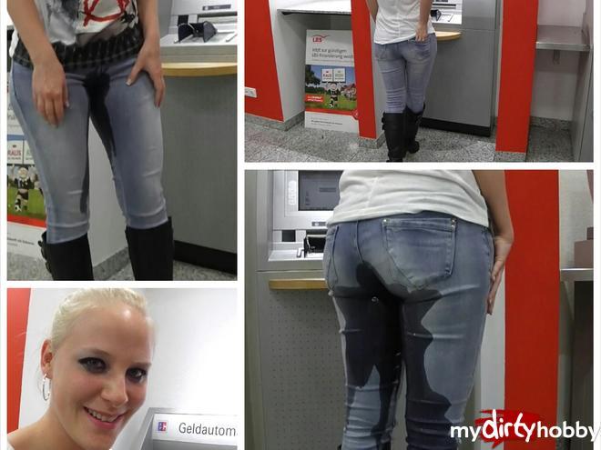 Jeans piss in front of ATM in the bank Jeans piss in front of ATM in the bank